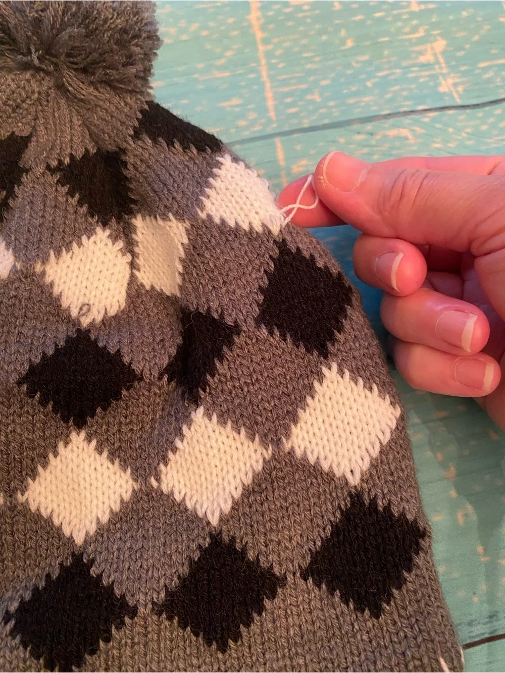 Gray, Black, White, Pom-Pom Earflap Hat
